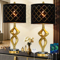 28.5' Modern Sculptural Living Room Table Lamps Set of 2 with USB Ports and Outlet, Gold Bedside Table Lamps with Black Marble Base, Nightstand Lamps for Bedroom with Luxurious Black Grid Lampshade