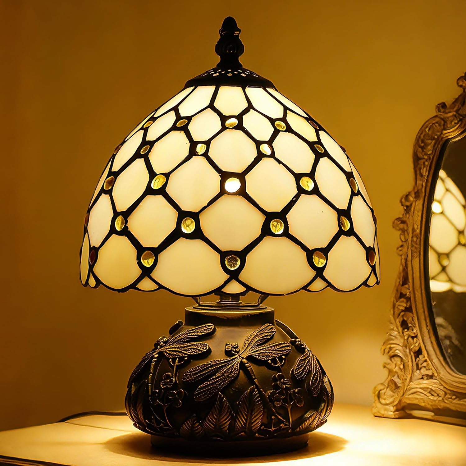 Small Tiffany Lamp Mini Stained Glass Table Lamp Cream Amber Pearl Style Mushroom Memory Sympathy Lamp 8X11 Inch