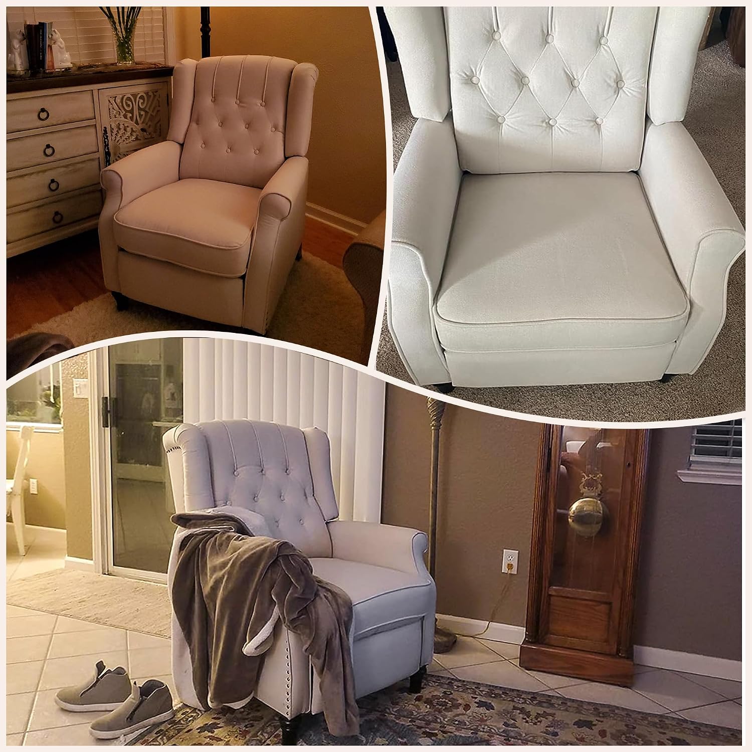 Bonzy Home Push Back Recliner Chair, Mid Century Modern Wingback Chair, Comfy Armchair Fabric Living Room Chairs with Rivet Decoration, Button-Tufted Back, Solid Wood Legs, Beige