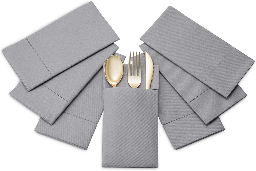 Disposable Linen-Feel Dinner Napkins with Built-in Flatware Pocket, 500-Pack GRAY Prefolded Cloth Like Paper Napkins For Dinner, Wedding Or Party [Silverware NOT Included]
