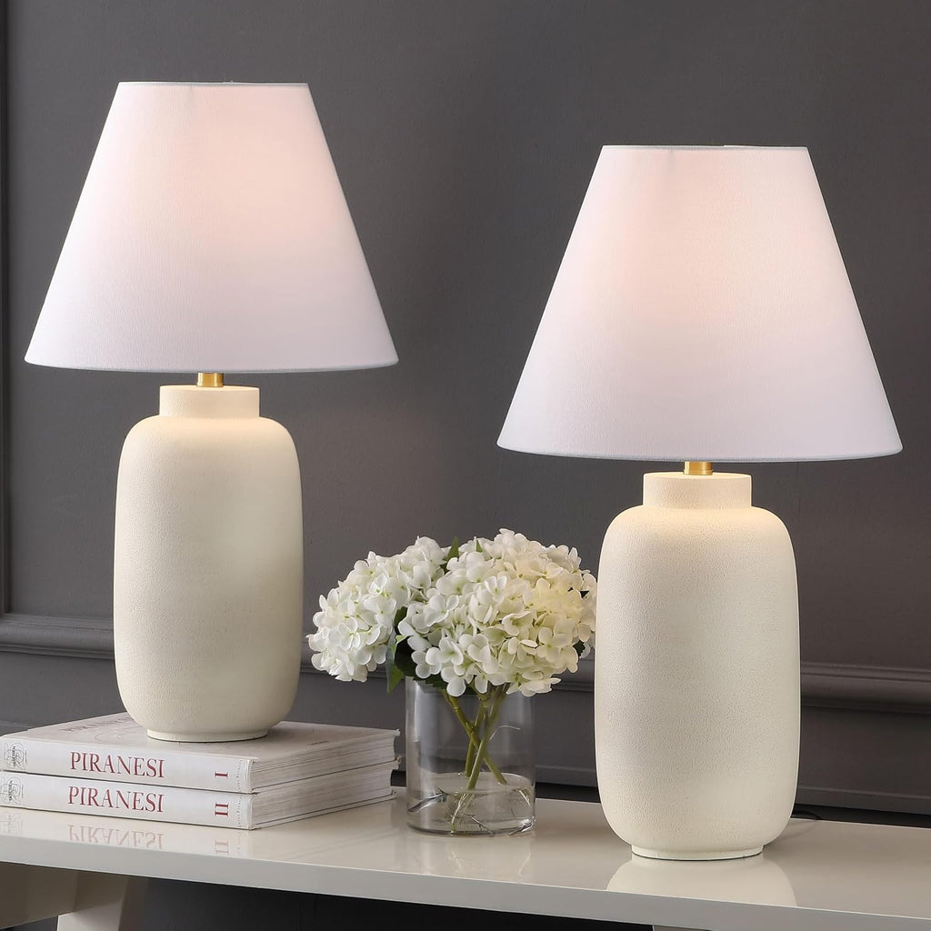 JONATHAN Y 24.5' Matte Cream Modern Ginger Jar Table Lamp Set of 2 for Bedroom, Farmhouse Scandinavian Lamps for Nightstand, White Linen Shade, LED Bulbs Included (JYL5603B-SET2)