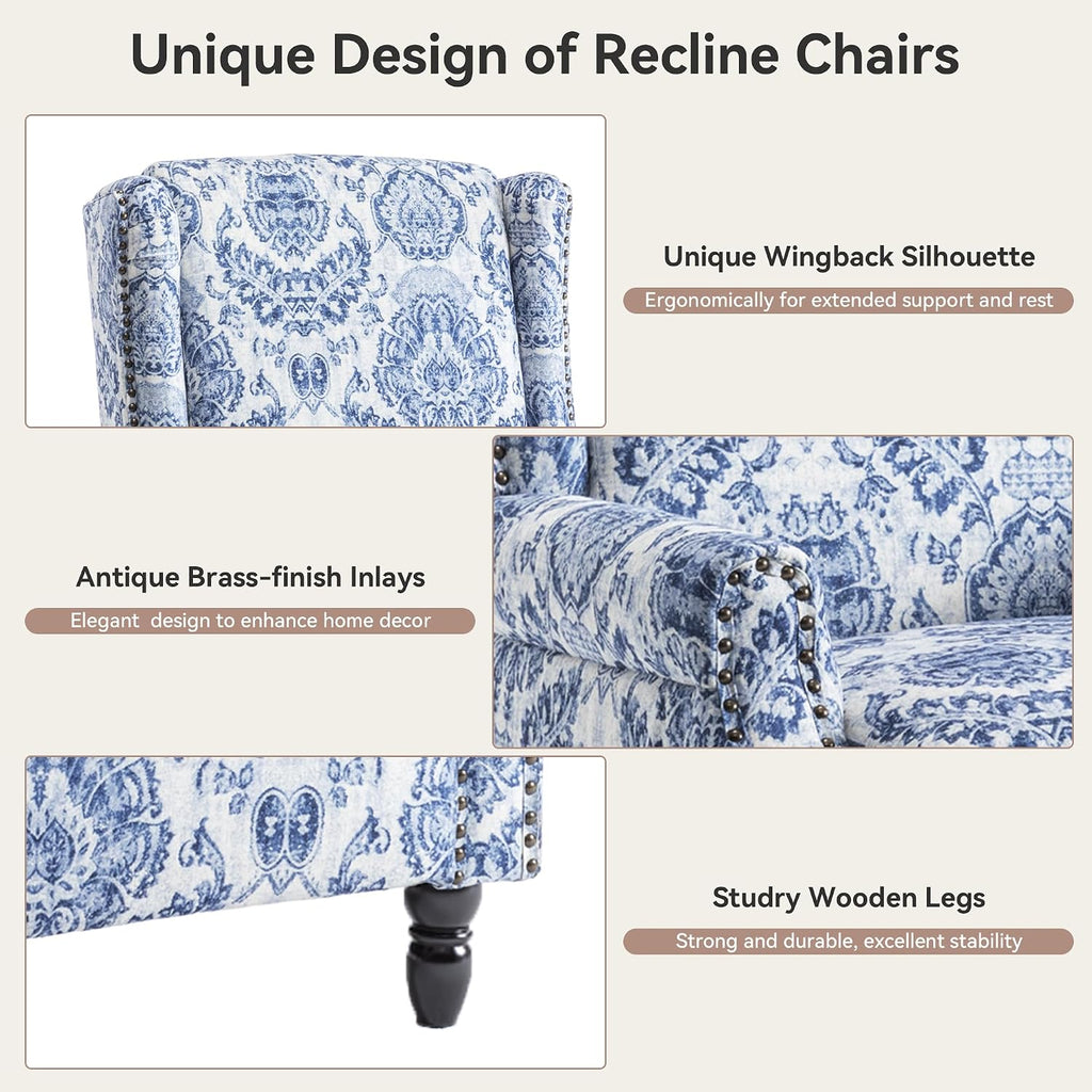 Pushback Recliner Chair, Floral Fabric Wingback Recliner Chair, Upholstered Rivet Trim Armchair Push Back Recliner Accent Chair for Small Spaces, Living Room, Navy