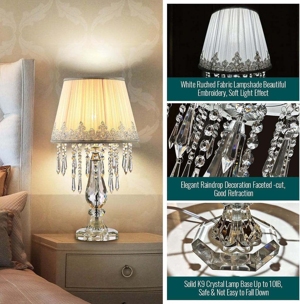 Siljoy Crystal Table Lamp Set of 2, Dimmable Bedside Lamp with Fabric Shades, Farmhouse Nightstand Lamps with K9 Crystal Strands for Living Room Bedroom 22.8 High