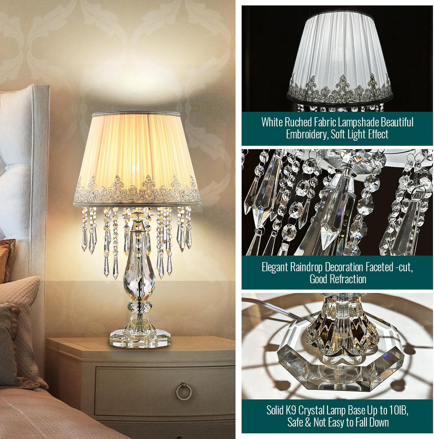 Siljoy Crystal Table Lamp Set of 2, Dimmable Bedside Lamp with Fabric Shades, Farmhouse Nightstand Lamps with K9 Crystal Strands for Living Room Bedroom 22.8 High