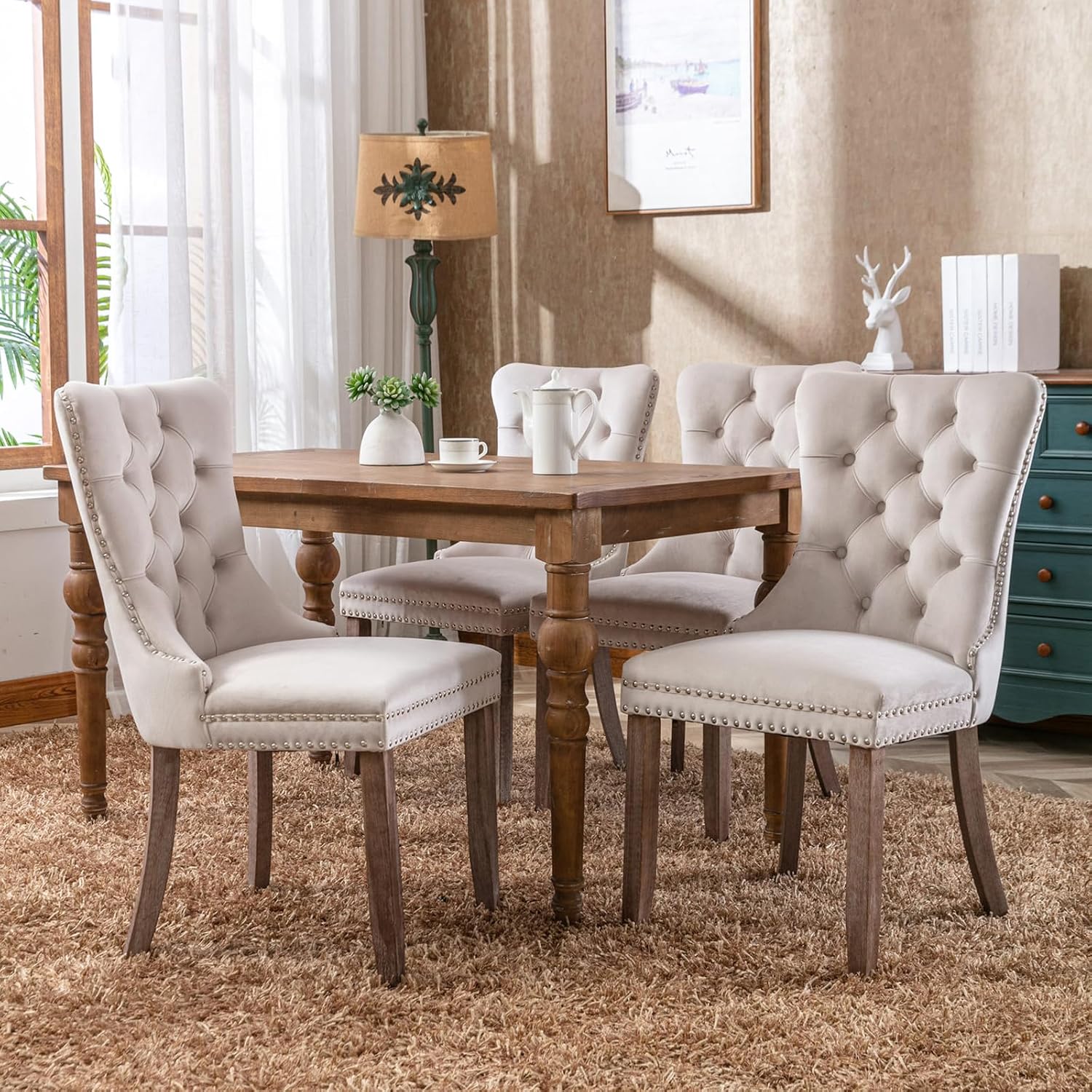 Beige Velvet Dining Chairs Set of 6, Modern Dining Room Chairs with Tufted Back and Solid Wood Legs, Upholstered Dining Chairs for Dining Room/Kitchen, Beige