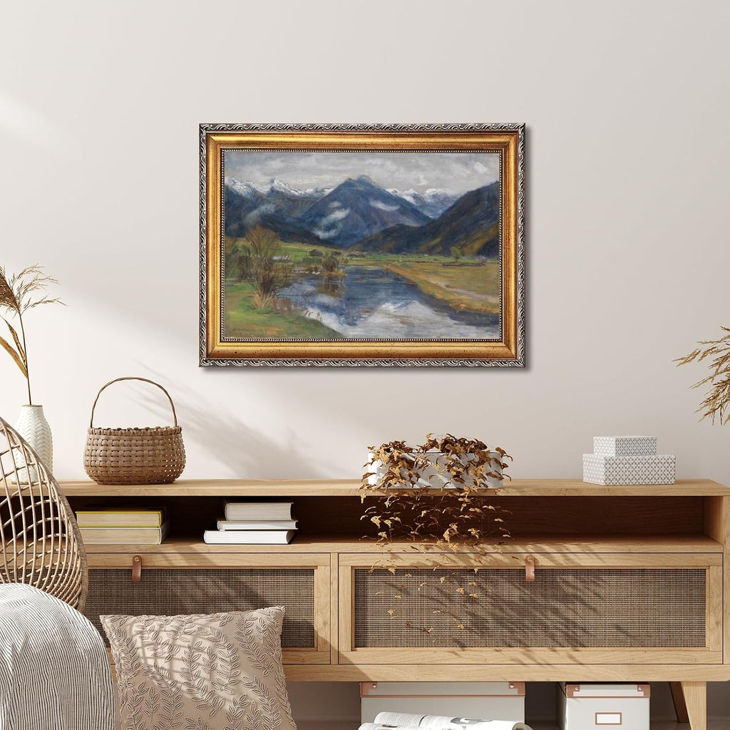 Large Gold Framed Hinterstein from the Water Canvas Poster by Otto Modersohn Vintage Alpine Landscape Wall Art European Mountain River Oil Paintings Reproduction Artwork Print for Home Decor 24x36inch