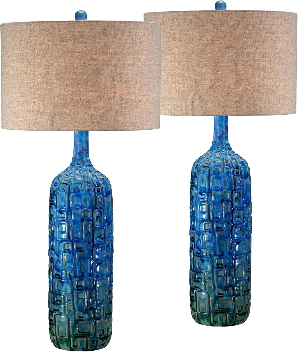 Possini Euro Design 36' Tall Large Mid Century Modern Farmhouse Rustic Coastal End Table Lamps Set of 2 Teal Blue Ceramic Living Room Bedroom Bedside Nightstand House Office Home Reading Tan Shade