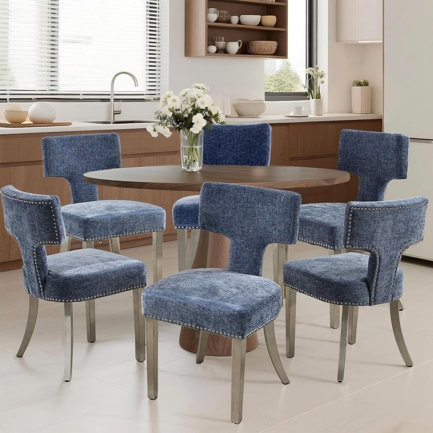 Dining Chair Set of 6 Linen Fabric Curved Backrest Farmhouse Mid Century Accent Upholstered Kitchen Chairs with Silver Legs and Foot Pad for Dining Room/Living Room/Restaurant,Blue