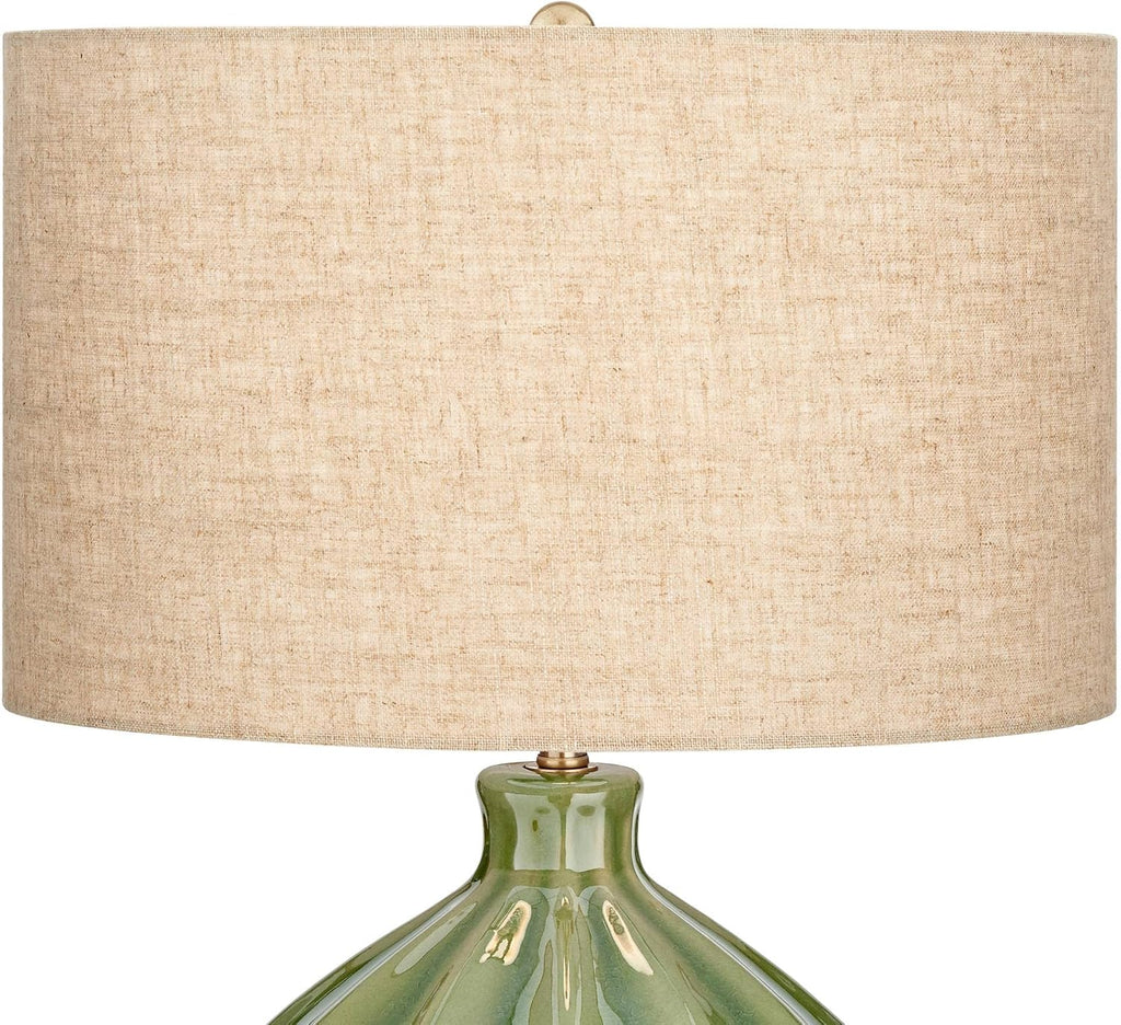 360 Lighting Gordy Mid Century Modern Accent Table Lamps 20 1/2' Tall Set of 2 Green Ribbed Ceramic Oatmeal Fabric Drum Shade for Bedroom Living Family Room Bedside Nightstand House Home