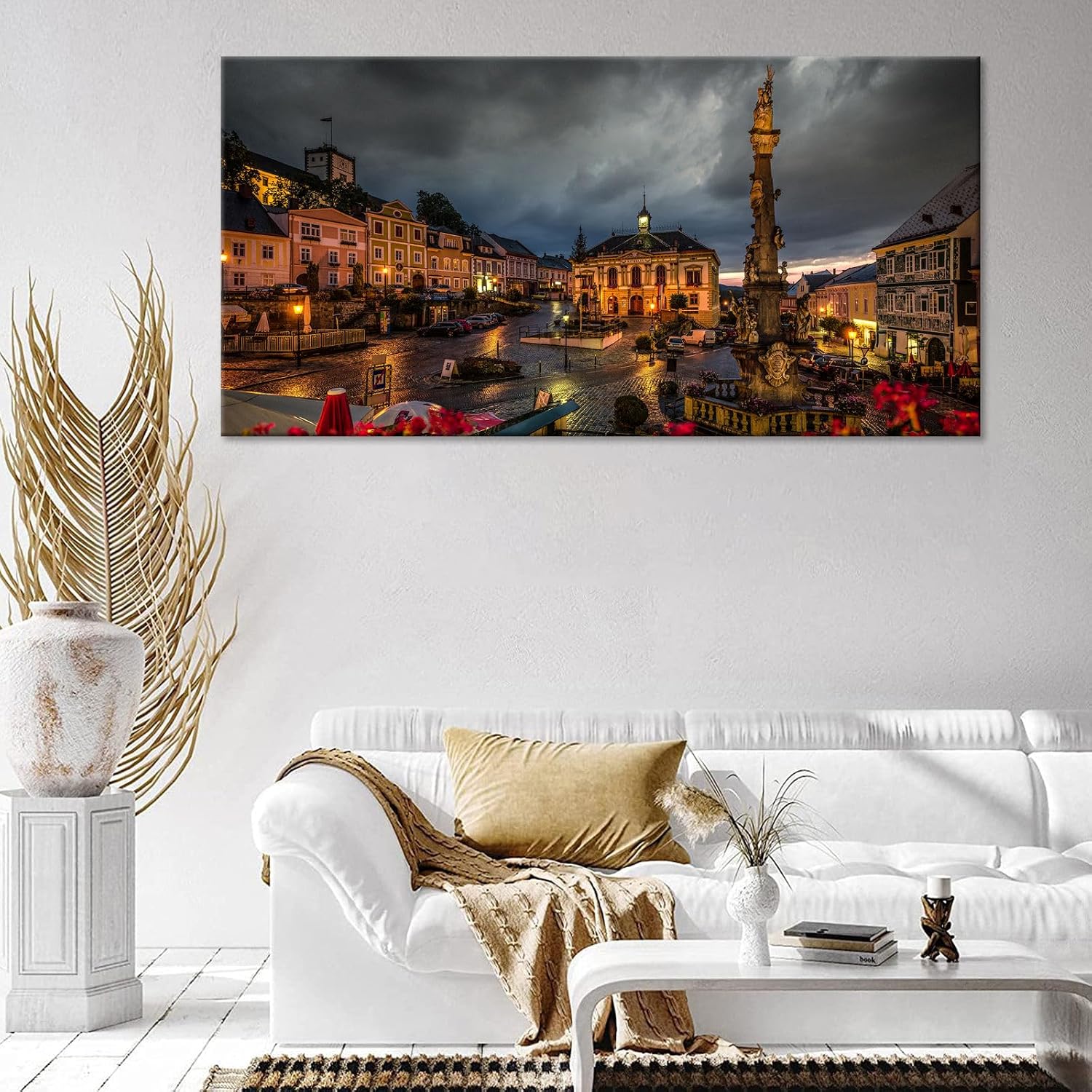 Large Romantic Central European Baroque Architecture Decor Cesky Krumlov Czech Republic Night View Poster Enchanted Historical Town Wall Art Teen Dorm Apartment Artwork 24x48inch Framed