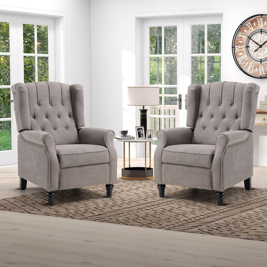 IOMOR Push Back Recliner Chair Fabric Lounge Armchair Pushback Recliner with Rivet Decoration Wingback Single Sofa Chair with Padded Seat for Living Room, Bedroom Set of 2, Grey