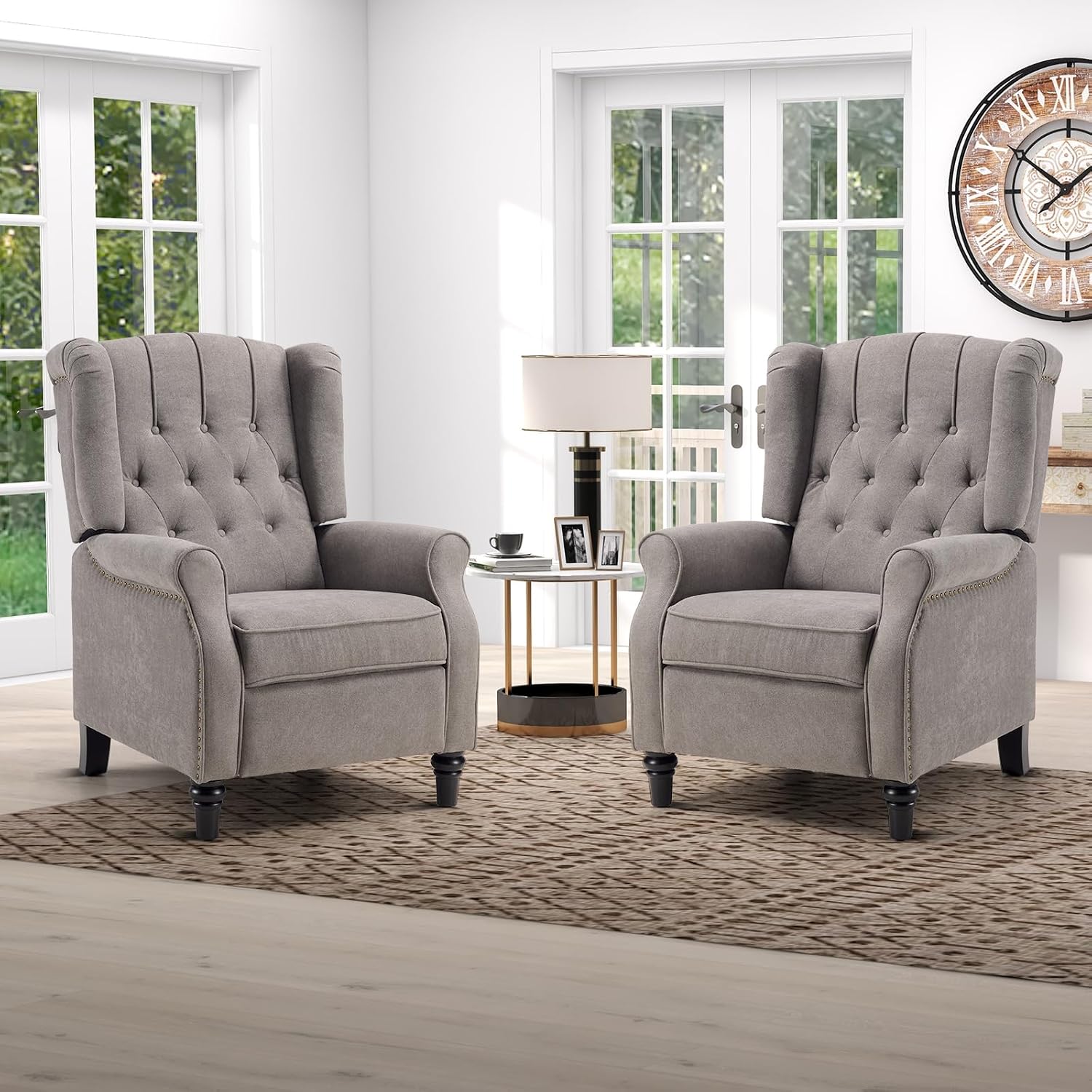 IOMOR Push Back Recliner Chair Fabric Lounge Armchair Pushback Recliner with Rivet Decoration Wingback Single Sofa Chair with Padded Seat for Living Room, Bedroom Set of 2, Grey