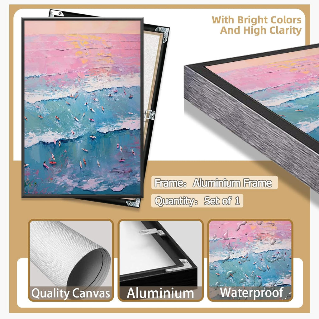 Trendy Summer Wall Art Blue Beach Poster Pink Sky Canvas Preppy Ocean Surf Print Beachy Painting Coastal Picture Aesthetic for Teen Girls Dorm Bedroom Apartment Decoration 24x36inch Metal Black Framed