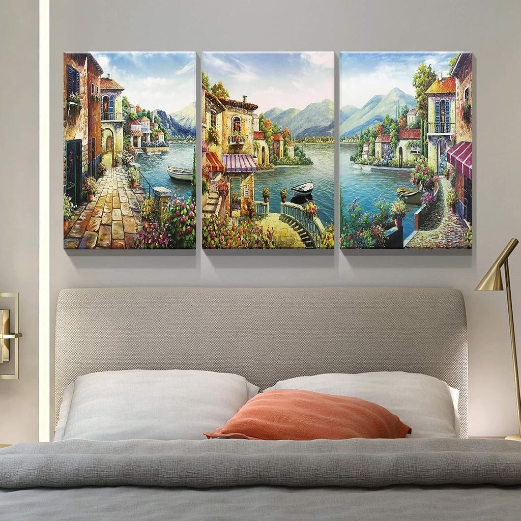 Denozer 3 Piece Canvas Wall Art - European Town Canvas Wall Art - Coastal Flower Garden Artwork Painting Reproduction Print for Office Gallery Wrapped Ready to Hang (24'x32' x 3 Panel)