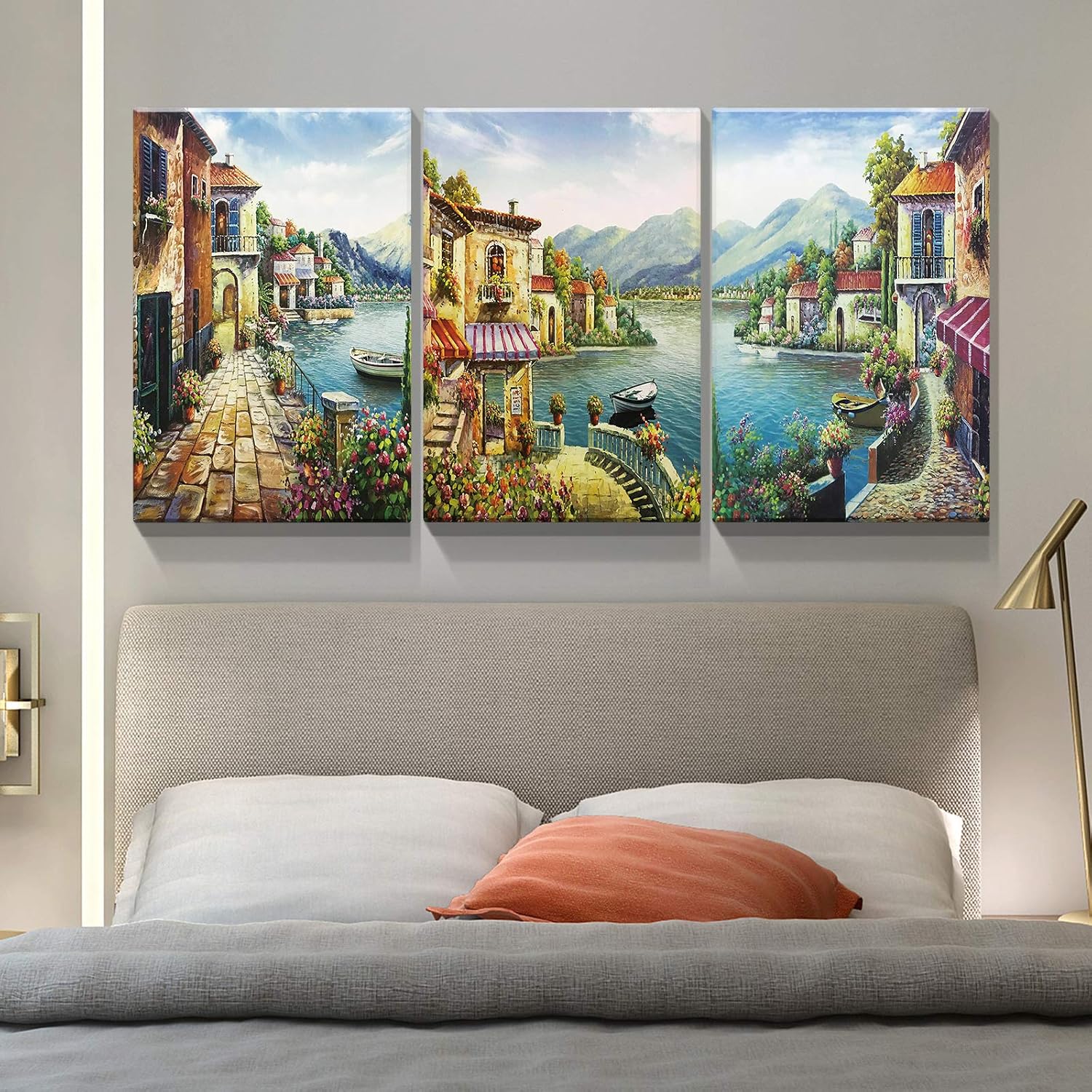 Denozer 3 Piece Canvas Wall Art - European Town Canvas Wall Art - Coastal Flower Garden Artwork Painting Reproduction Print for Office Gallery Wrapped Ready to Hang (30'x40' x 3 Panel)