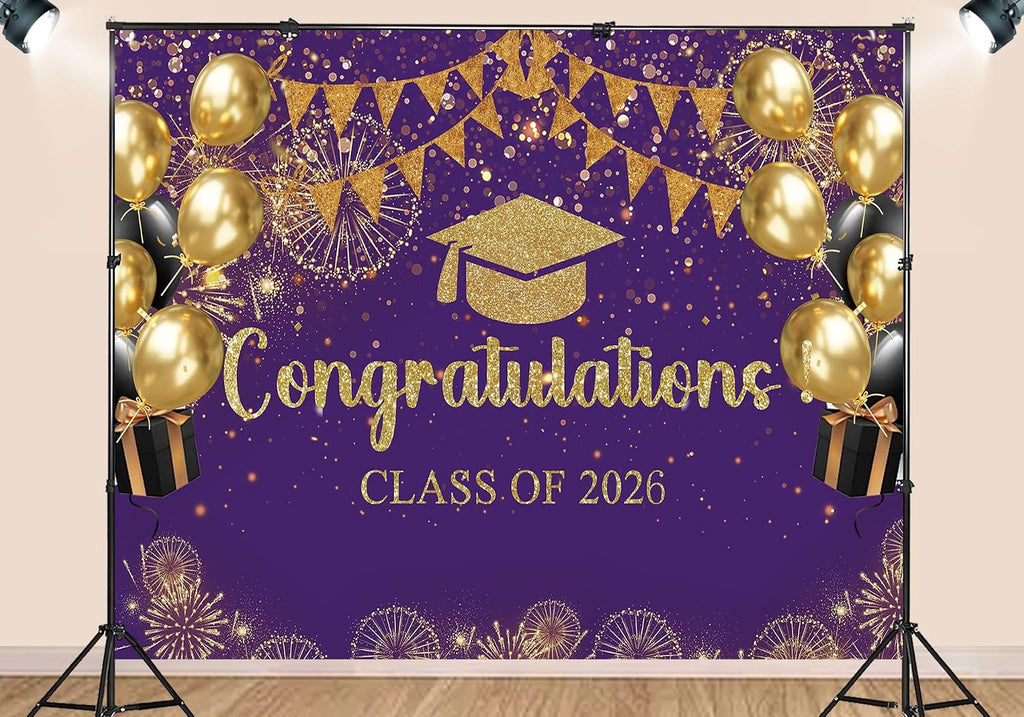 20X10ft Fabric Class of 2026 Graduation Backdrop, Purple and Gold Congratulations Party Background, Grad Prom Celebration Balloons and Streamers Decorations Banner Photo Booth Props