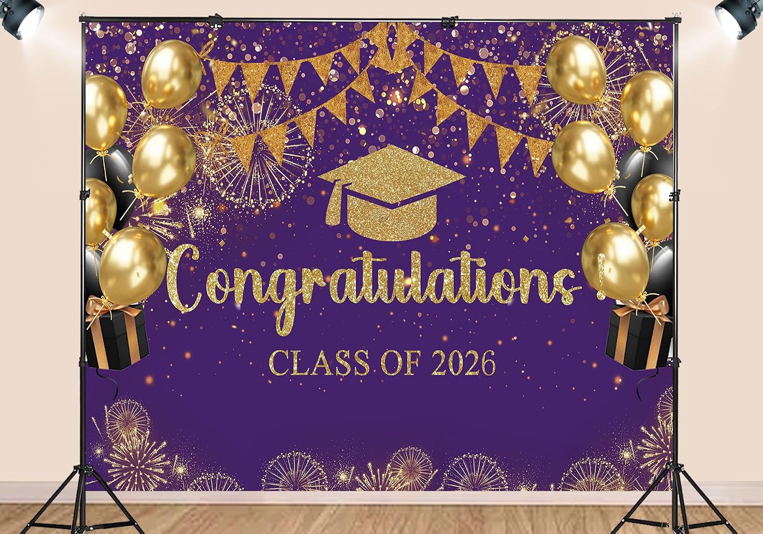 20X10ft Fabric Class of 2026 Graduation Backdrop, Purple and Gold Congratulations Party Background, Grad Prom Celebration Balloons and Streamers Decorations Banner Photo Booth Props