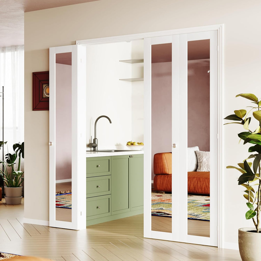 180 Degree Bifold Door, for 60″x 80″ Door Openings, White 1-Lite Mirrored Folding Door with Hinges Hardware Set, Full Access Bifold Closet Doors Perfect for Interior Openings