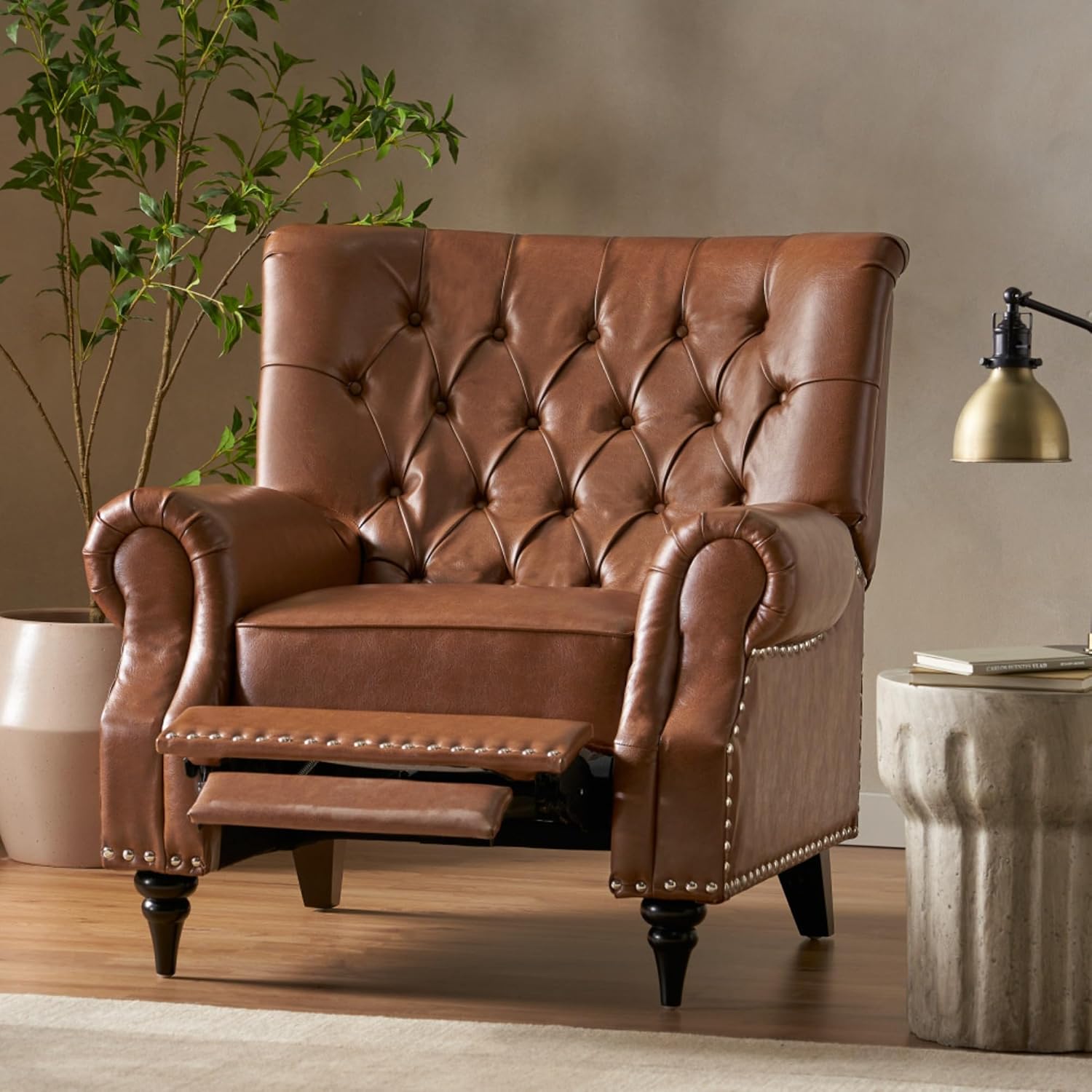 Classic Style Manual Push Back Chair with Exquisite Rivet Decor and Rolled Armrests, Ideal for Living Room Relaxation and Daily Seating (Light Brown + PU)