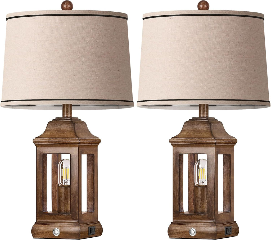 24' Rustic Farmhouse Table Lamps for Living Room Set of 2, Touch Dimmable Nightlight Vintage Bedside Lamps with USB A+C Ports & Dual Light Sources for Bedroom Nightstand End Table, Wood Grain