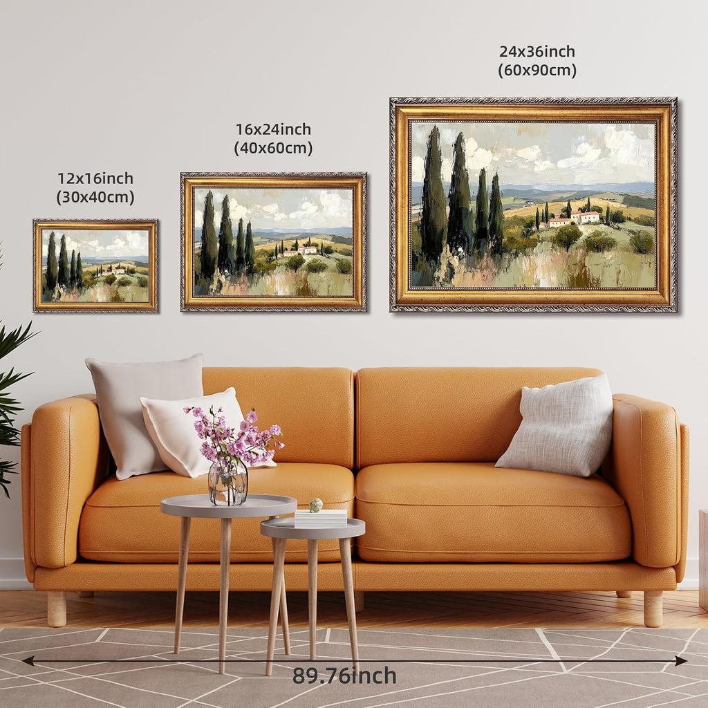 Large Framed Tuscan Cypress Countryside Oil Painting Poster Vintage Trees Rolling Hills Canvas Wall Art Italian Villa Landscape Artwork Print Retro Mediterranean Bedroom Home Decor 24x36inch