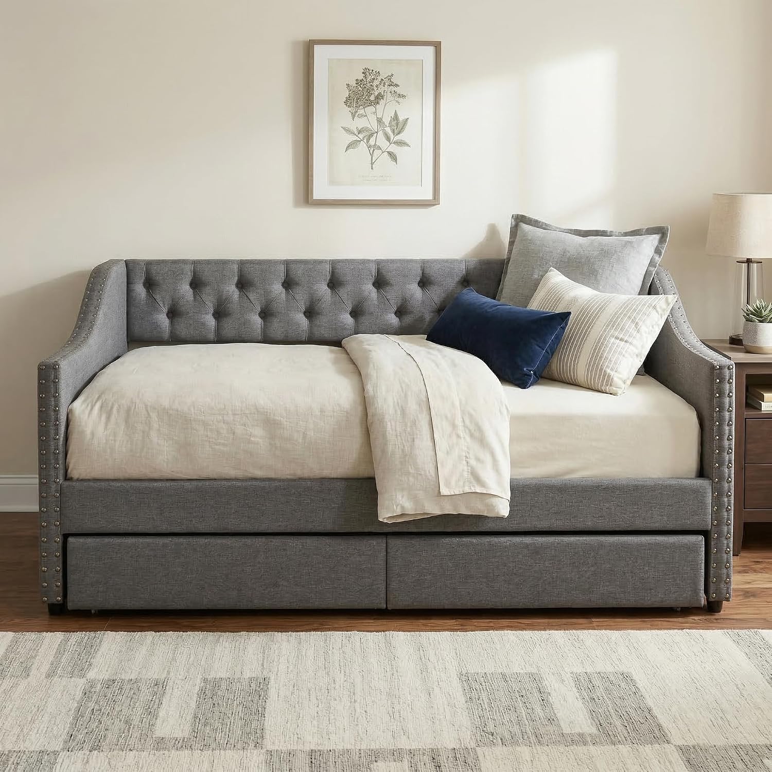 Christopher Knight Home Twin XL Daybed Frame with Two Drawers, Linen Fabric Upholstered Sofa Couch, 85'' Living Room Sleeper Sofa, Cozy Daybed for Bedroom, Diamond-Tufted Design, Rivet Armrests, Gray
