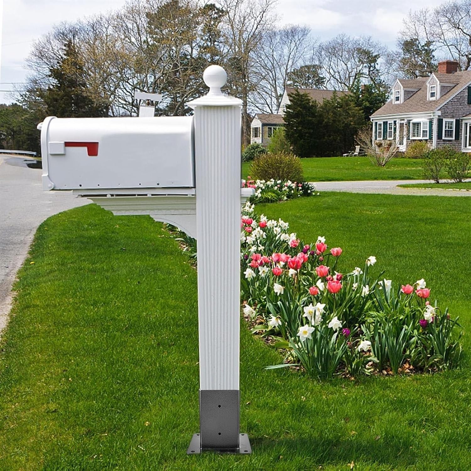 Wood Fence Post Anchor Base, Black Heavy Duty Deck Holders Porch Railing Post Bracket with Installation Kit, Apply to 3.5 'x3.5' Mailbox Wood Column Protector(4pack)