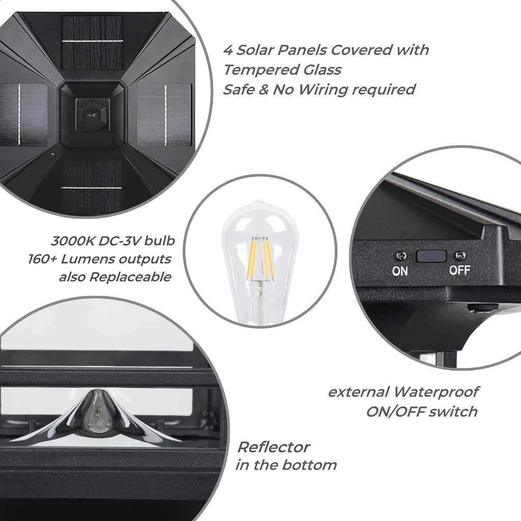 Solar Post Light Outdoor, ST4338Q Dusk to Dawn Post Lamp Solar Powered with Pier Mount Base for Pole Pillar Gates Yard Garden Pathway