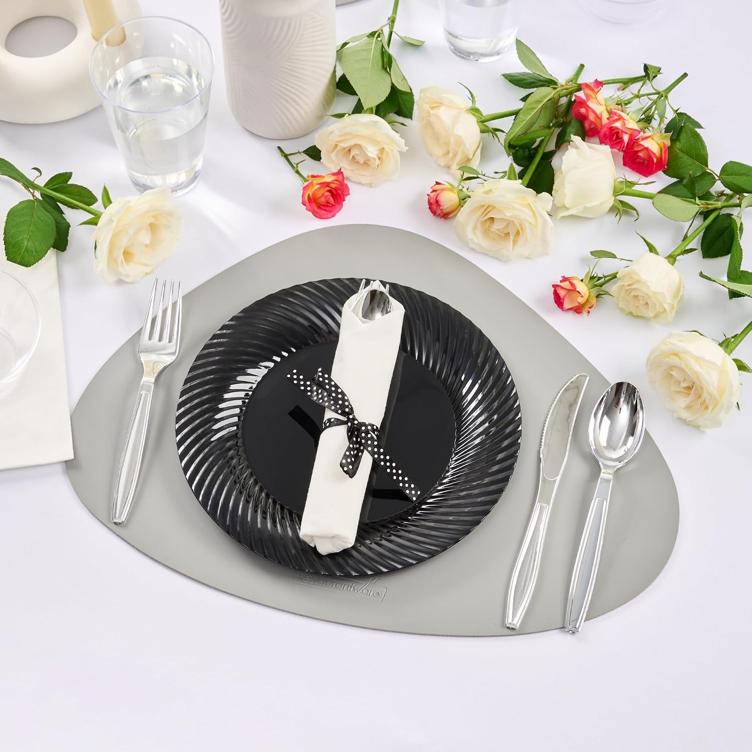 Restaurantware-7.3 Inch x 2 Inch Plastic Cutlery Sets, 100 Flatware Sets - Polka Dot Ribbon, With White Napkin, Individually Wrapped, Silver Plastic Disposable Cutlery Sets, For Weddings And Events