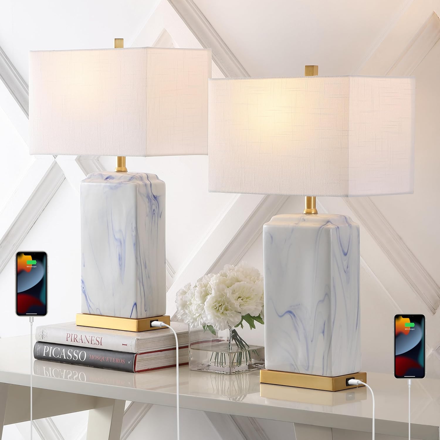 JONATHAN Y 24.5' Blue and White Marbled Ceramic LED Table Lamp Set of 2 with USB Port, Modern Coastal Iron Nightstand Lamp, Brass Gold Accents, LED Bulbs Included JYL1140A-SET2