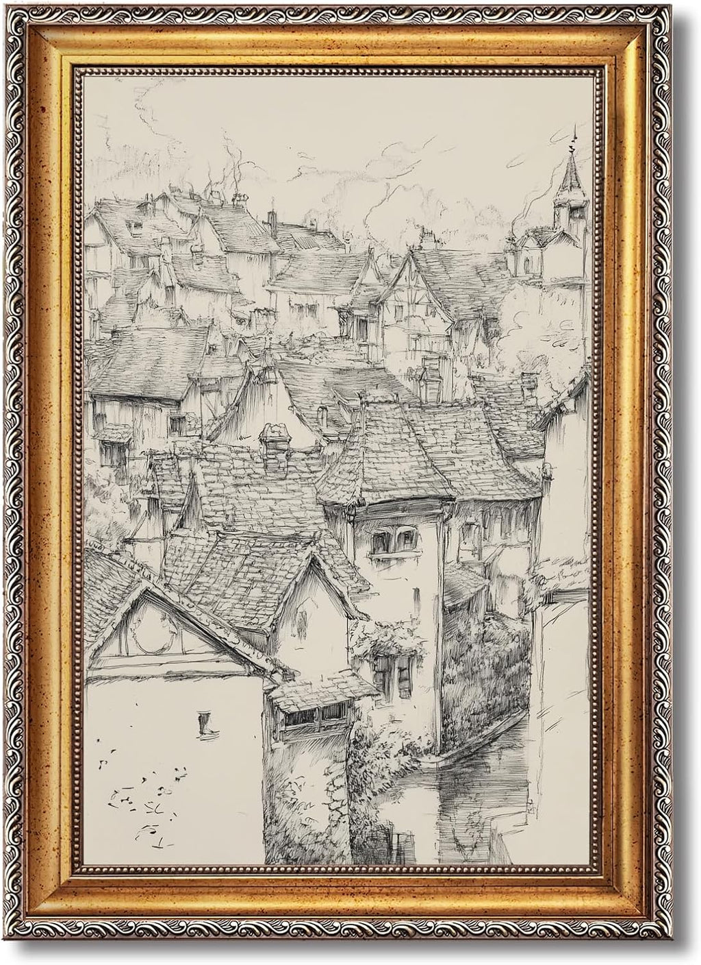 Large Gold Framed European Old Town Sketch Canvas Wall Art Vintage Medieval Village Architecture Poster French Cityscape Rustic Travel Art Painting Prints Artwork Farmhouse Home Decor 24x36inch