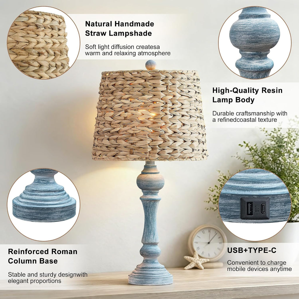 Maxax 26' Boho Rattan Table Lamps Set of 2 with USB A+C Ports, Coastal Bedside Lamps with Rattan Shade, Distressed Antique Blue Farmhouse Wicker Lamps, Rustic Resin Nightstand Lamps for Living Room
