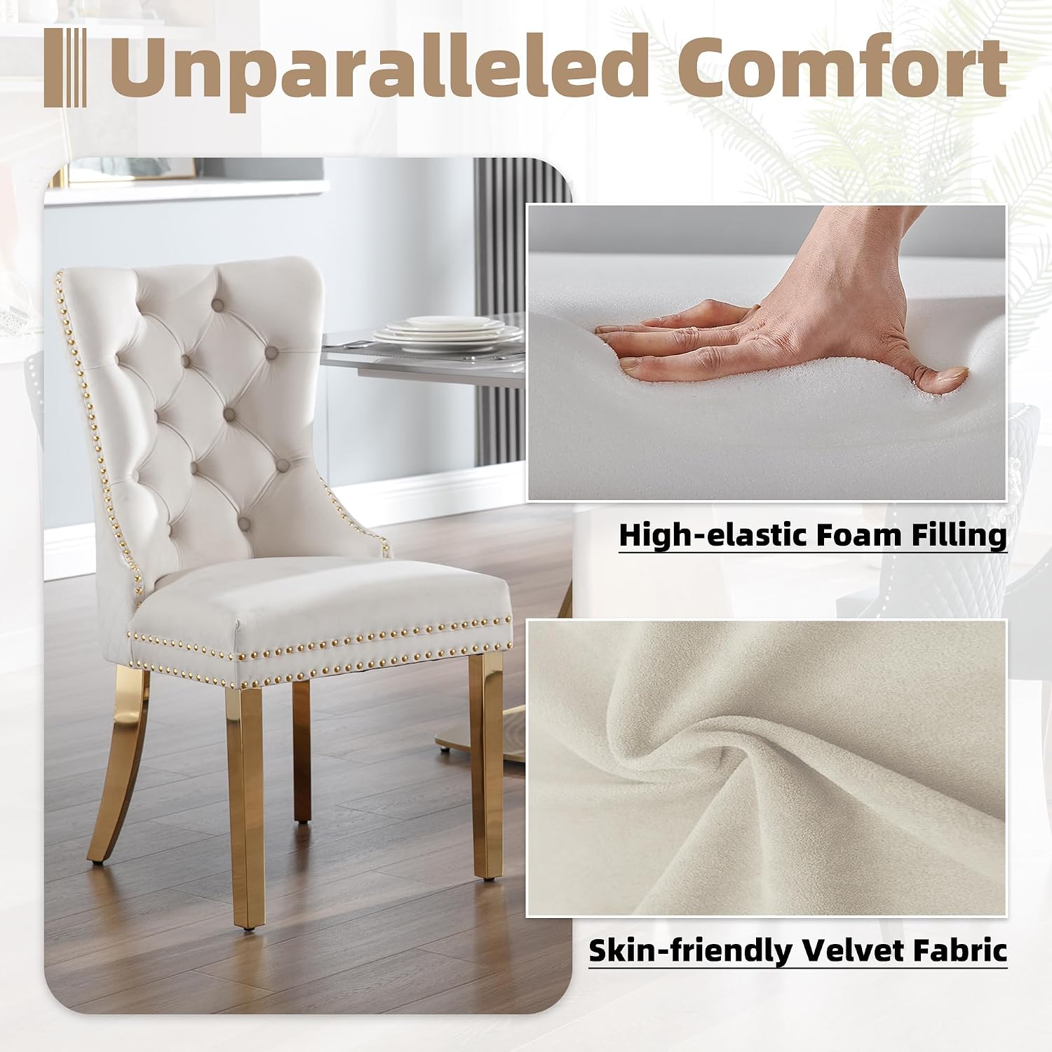 Velvet Dining Chairs Set of 2, Upholstered Dining Room Chairs, Mid-Century Modern Chairs with Diamond Lattice Tufted Back, Lion Pull Ring Rivet Trim, Golden Metal Legs for Kitchen, Beige