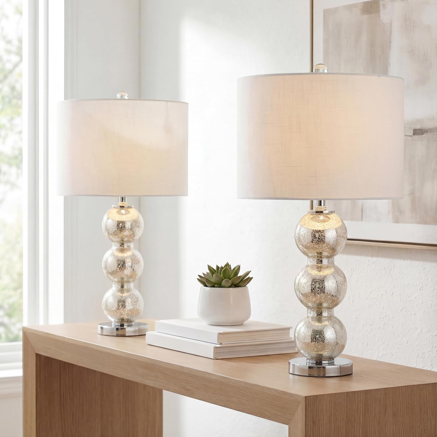 JONATHAN Y 27' Mercury Silver/Chrome Triple-Sphere Glass Table Lamp Set of 2, Bedside, White Linen Shade, Modern Table Lamps for Living Room, Bedroom, Office, LED Bulbs Included (JYL1070B-SET2)