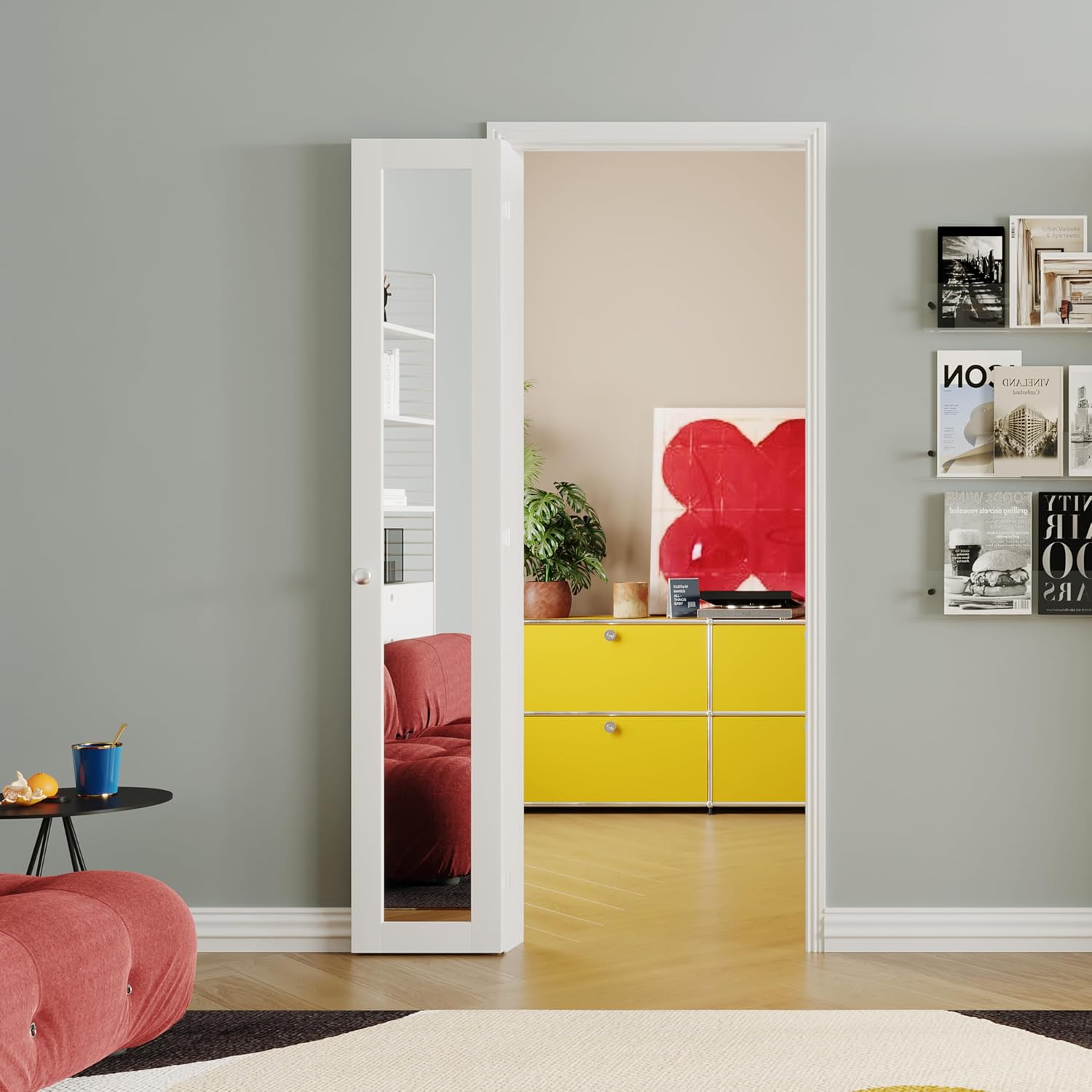 180 Degree Bifold Door, for 30″x 80″ Door Openings, White 1-Lite Mirrored Folding Door with Hinges Hardware Set, Full Access Bifold Closet Doors Perfect for Room Dividers