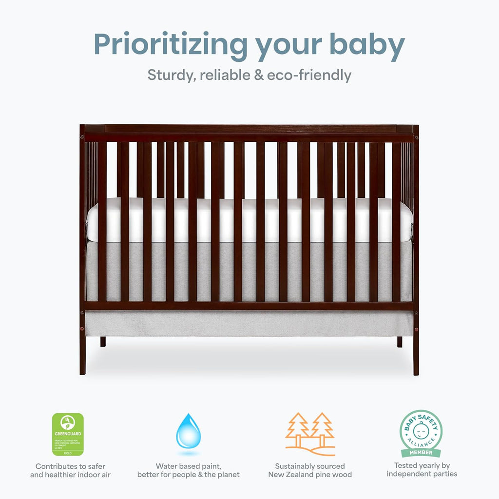 Dream On Me Synergy 5-in-1 Convertible Full-Size Baby Crib with Toddler, Day & Full Bed Conversion in Espresso, GreenGuard Gold & BSA, 3 Mattress Heights, Sustainable Pinewood