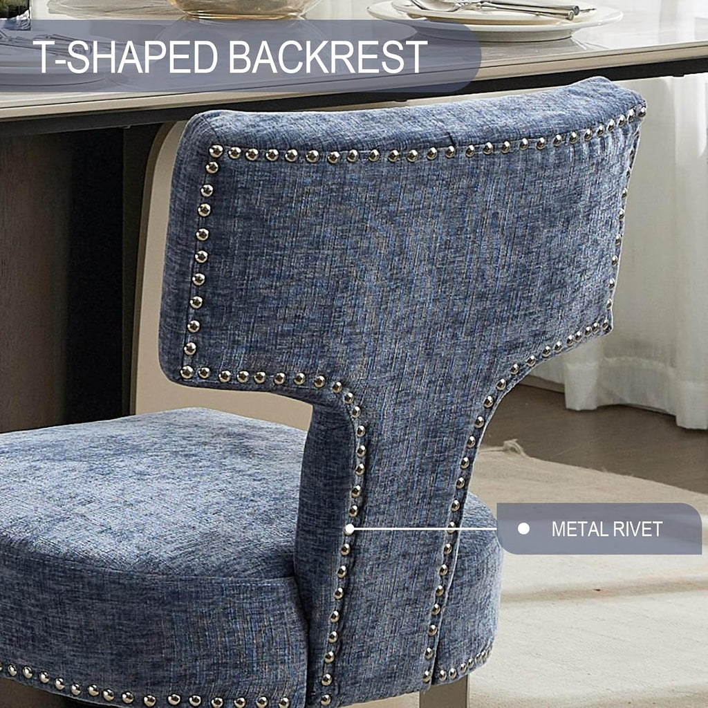 Dining Chair Set of 6 Linen Fabric Curved Backrest Farmhouse Mid Century Accent Upholstered Kitchen Chairs with Silver Legs and Foot Pad for Dining Room/Living Room/Restaurant,Blue