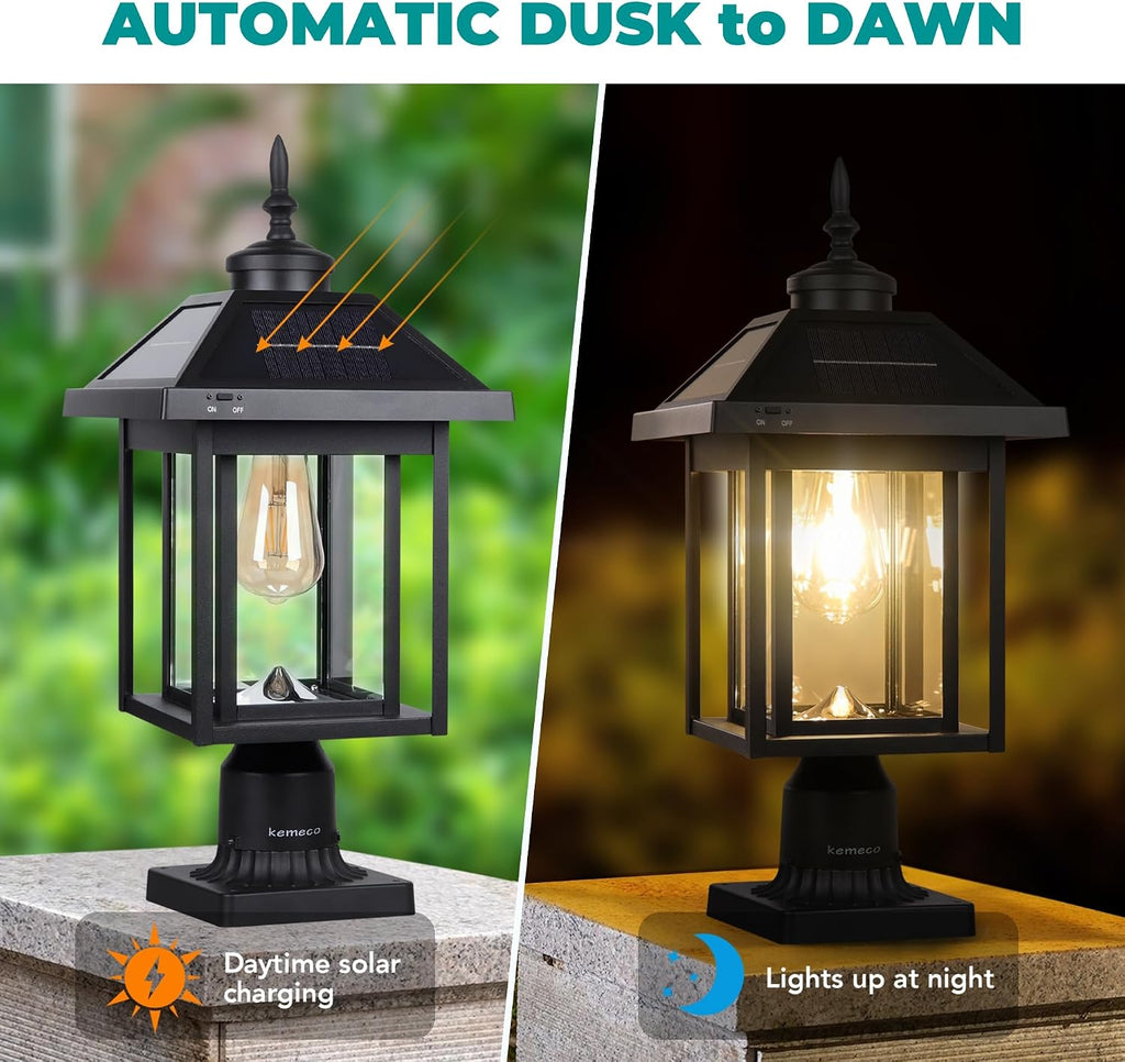 Solar Post Light with Pire Mount Base, Outdoor Dusk to Dawn Waterproof Aluminum Lamp Bright Sandy Colored LED Solar Powered for Pole Pillar Gates Yard Deck Garden Decoration