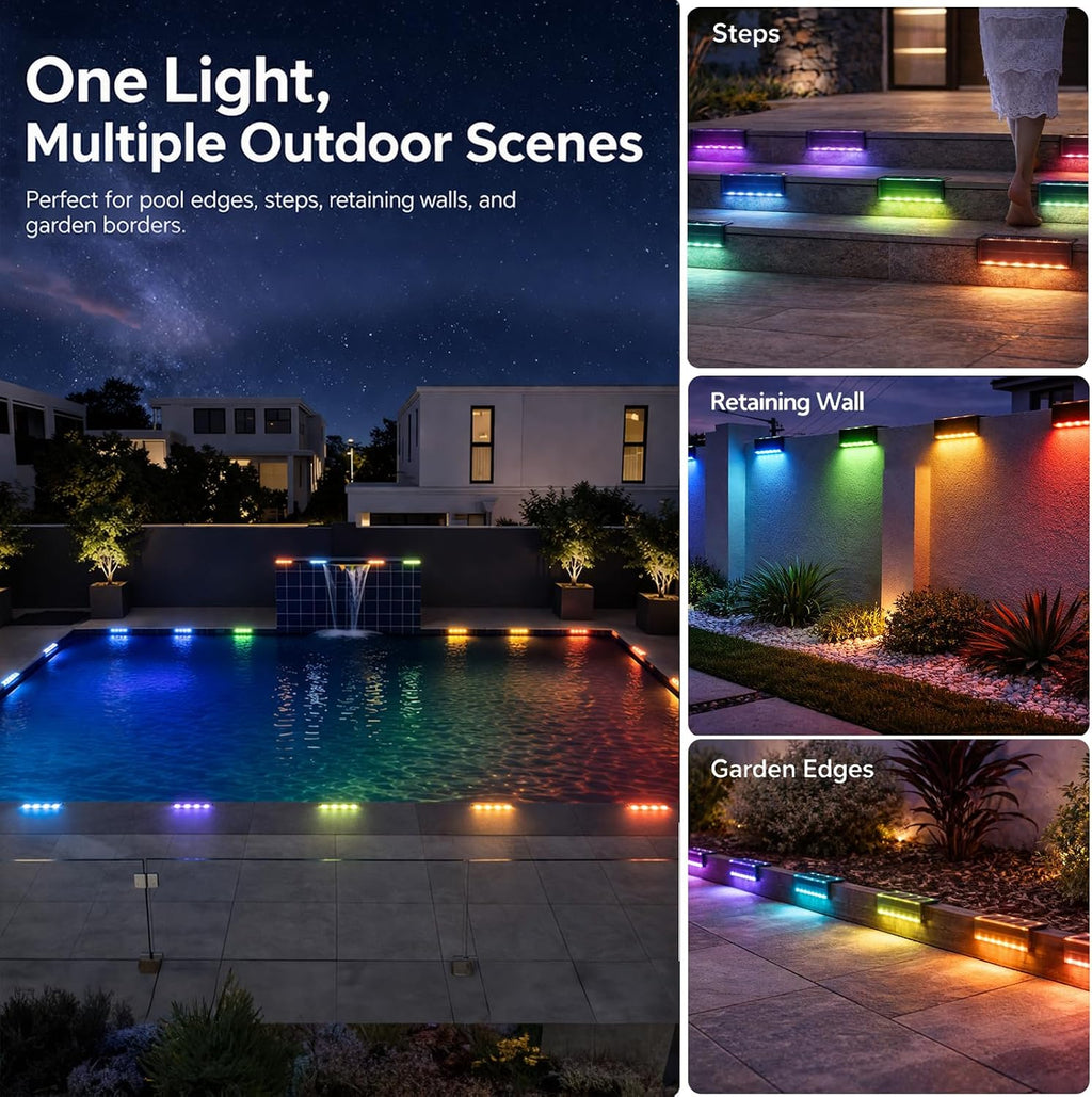 SHONELIGHTING Solar Pool Lights, 12-Color Poolside Lights for Inground Pool, Ultra-Thin 2-Way LEDs for Edge & Deck with Remote, Heavy Duty Stainless Steel Outdoor Waterproof for Swimming (RGB-W, 6PK)