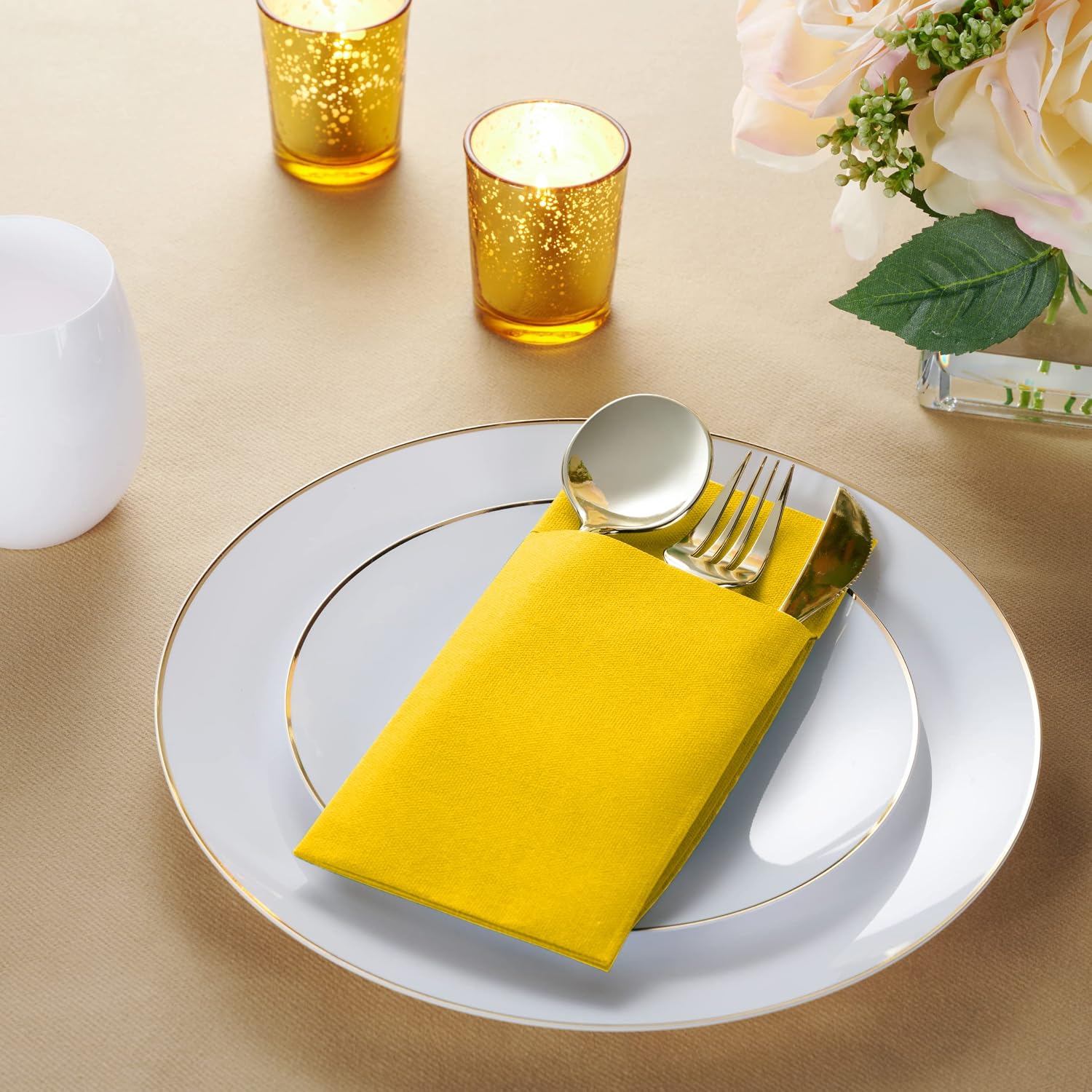 Disposable Linen-Feel Dinner Napkins with Built-in Flatware Pocket, 500-Pack YELLOW Prefolded Cloth Like Paper Napkins For Dinner, Wedding Or Party
