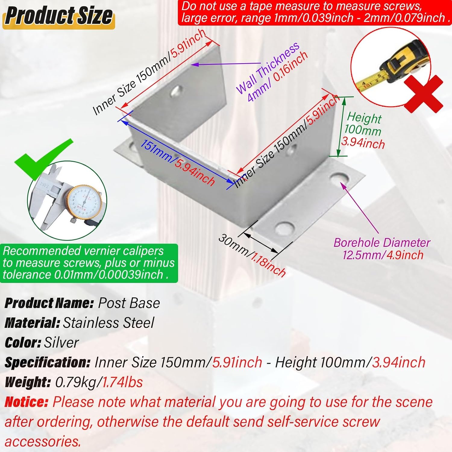 Heavy Duty Stainless Steel Post Base Brackets - 4 Pack for Wooden Posts, Mailboxes, Decks, and Fences(150x150x100mm)