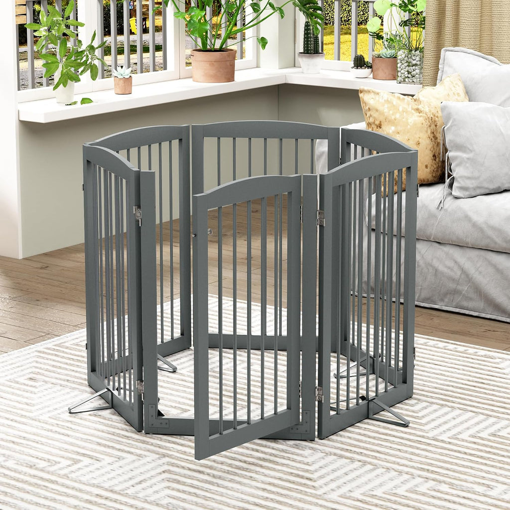 PUPETPO Freestanding Pet Gate with Door, Tall Dog Gate for House, Extra Wide, Pet Puppy Safety Fence, Support Feet Included, 120 Inch Wide, 6 Panels 32' Tall, Gray