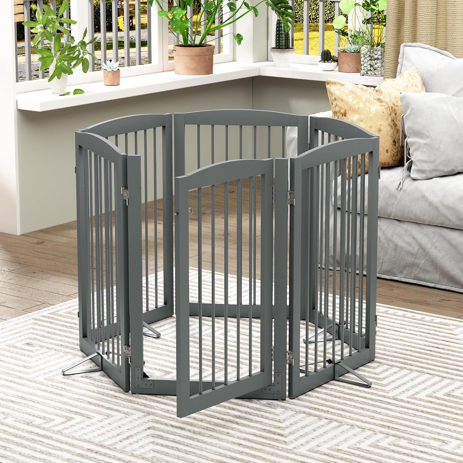 PUPETPO Freestanding Pet Gate with Door, Tall Dog Gate for House, Extra Wide, Pet Puppy Safety Fence, Support Feet Included, 120 Inch Wide, 6 Panels 32' Tall, Gray