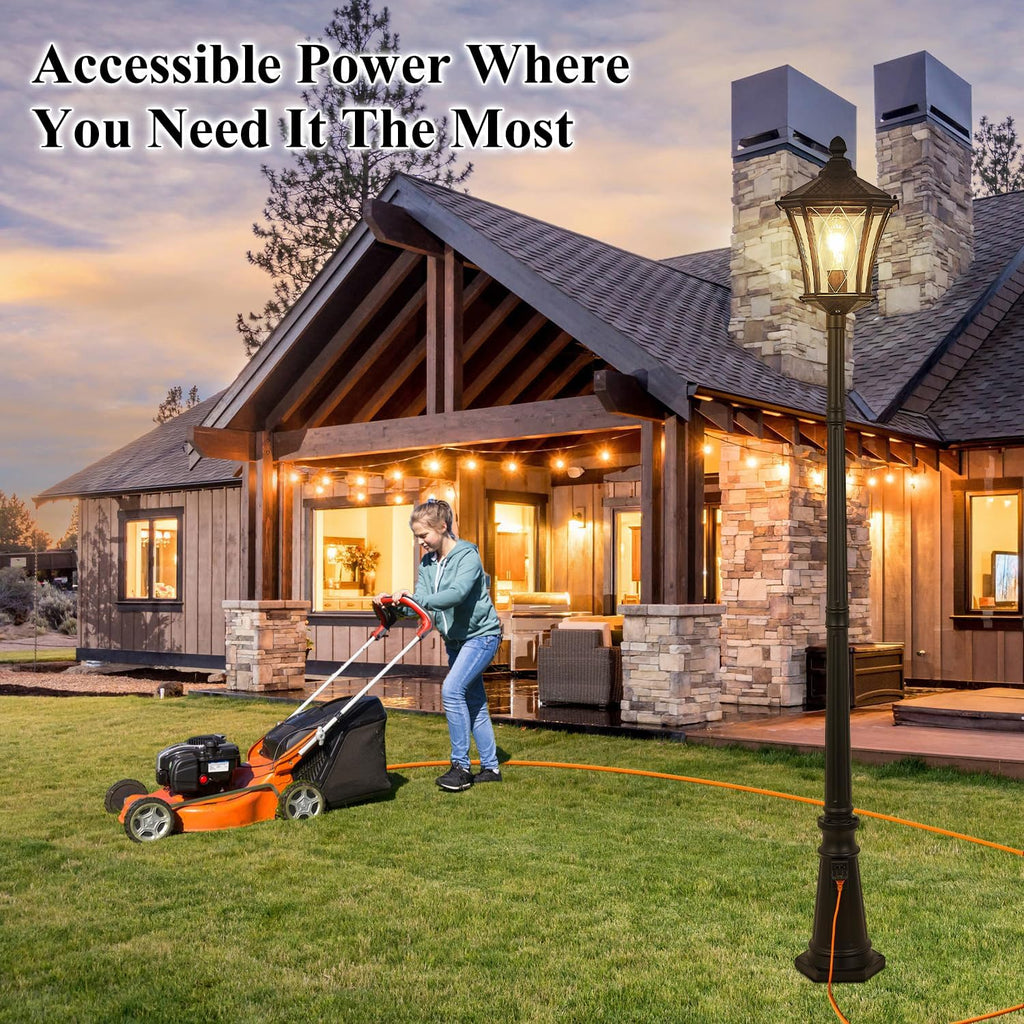Outdoor Lamp Post Lights with Outlet, Dusk to Dawn Pole Lamp with Patterned Glass, Aluminum Waterproof Outside Street Light with Plug, Hardwired Black Light Pole for Backyard, Garden, Driveway