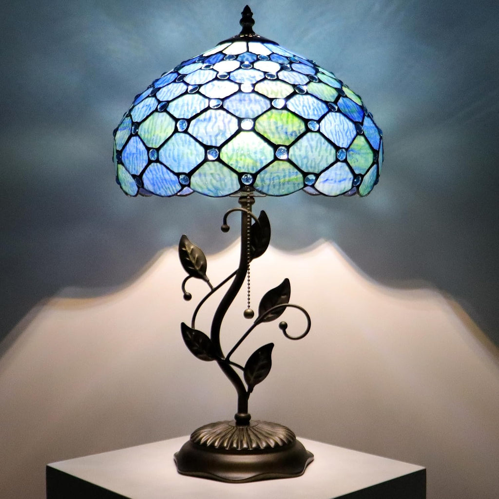 Tiffany Lamp Sea Blue Water Ripple Style Stained Glass Table Lamp Desk Bedside Reading Light 12X12X19 Inches with Metal Leaf Base