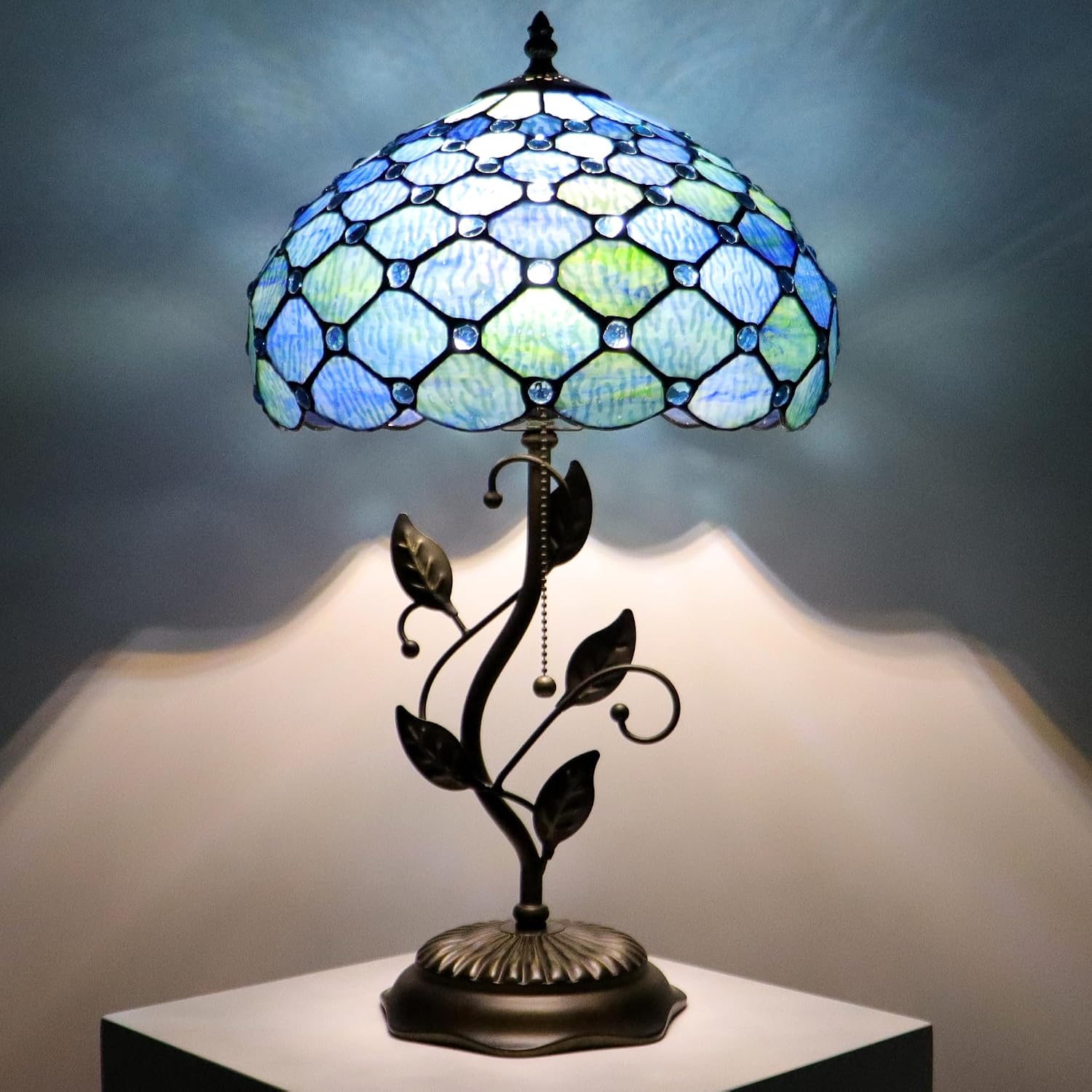 Tiffany Lamp Sea Blue Water Ripple Style Stained Glass Table Lamp Desk Bedside Reading Light 12X12X19 Inches with Metal Leaf Base