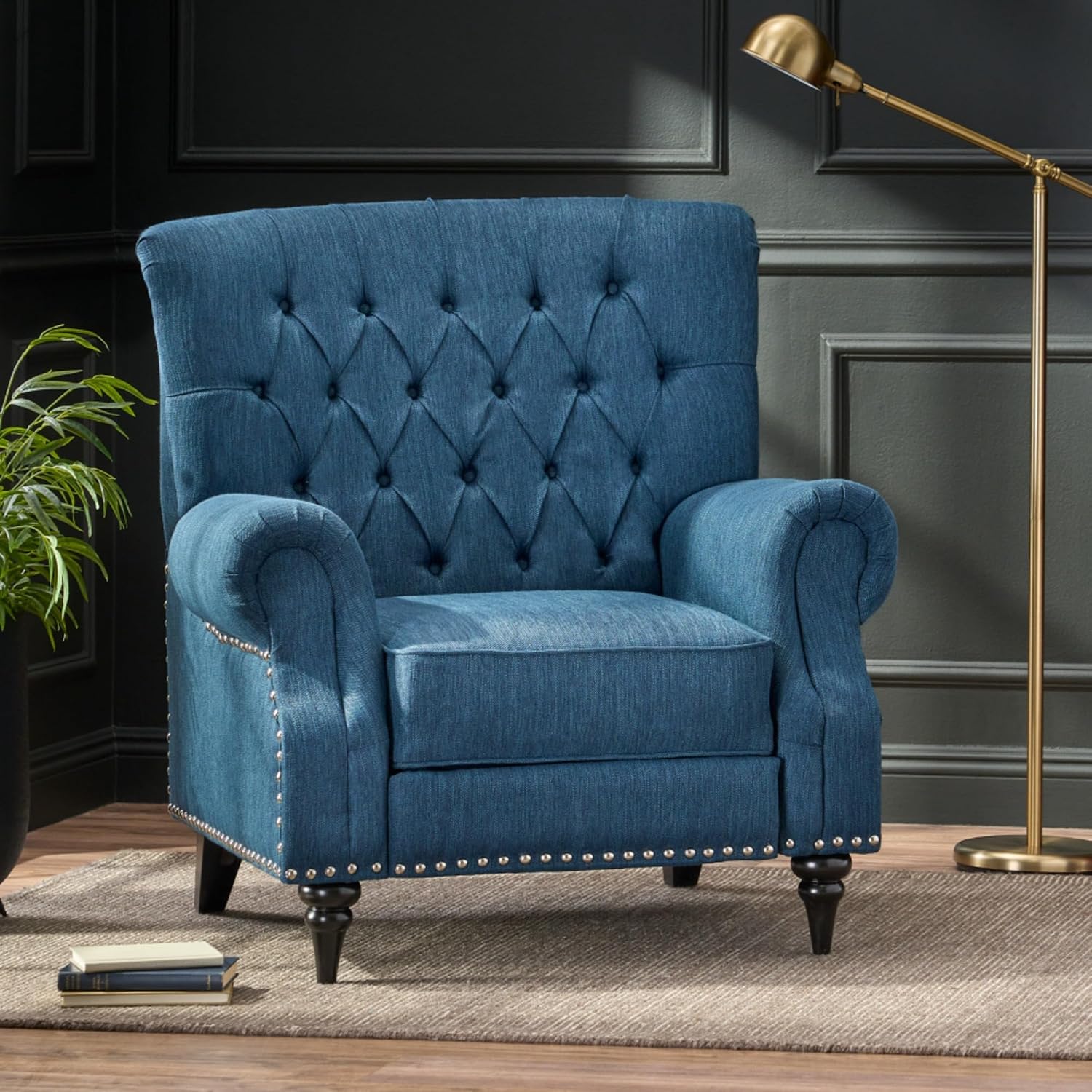 Classic Style Manual Push Back Chair with Exquisite Rivet Decor and Rolled Armrests, Ideal for Living Room Relaxation and Daily Seating (Navy Blue + Fabric)