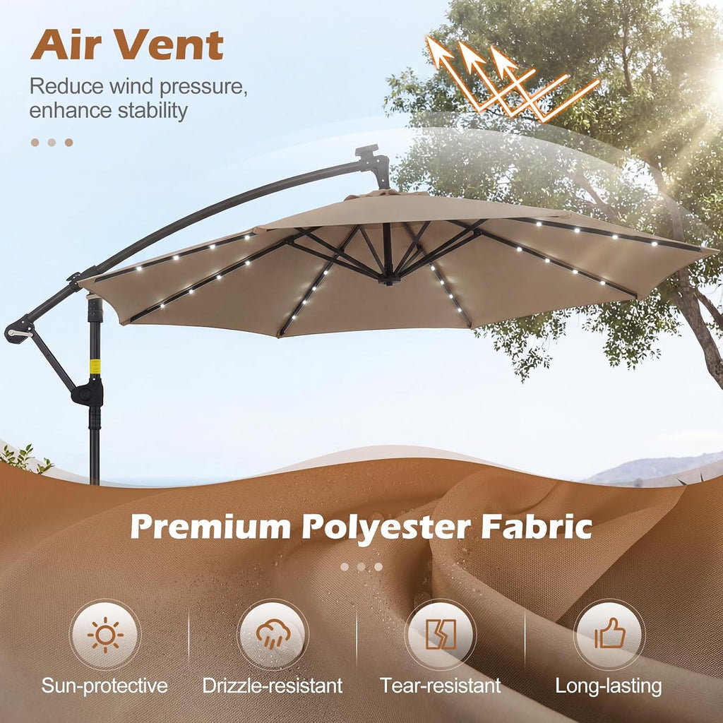 Tangkula 10ft Solar Patio Umbrella with Base Included, Offset Cantilever Outdoor Umbrella with 32 LED Lights, 360 Degree Rotation, Crank Handle for Pool Deck Garden Backyard (Tan)