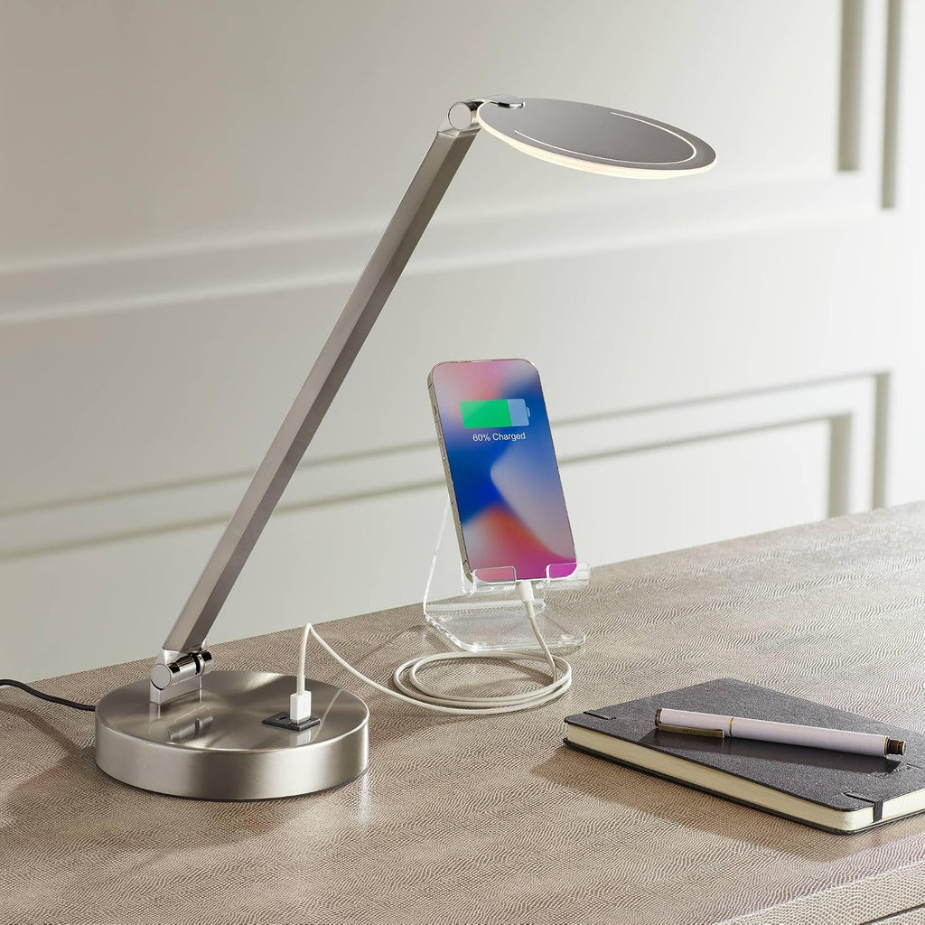 Possini Euro Design Kobie 21 3/4' High Single Modern Metal Desk Lamp Adjustable Height LED USB Port Silver Nickel Finish Family Office Living Room Charging Bedroom Bedside Nightstand House