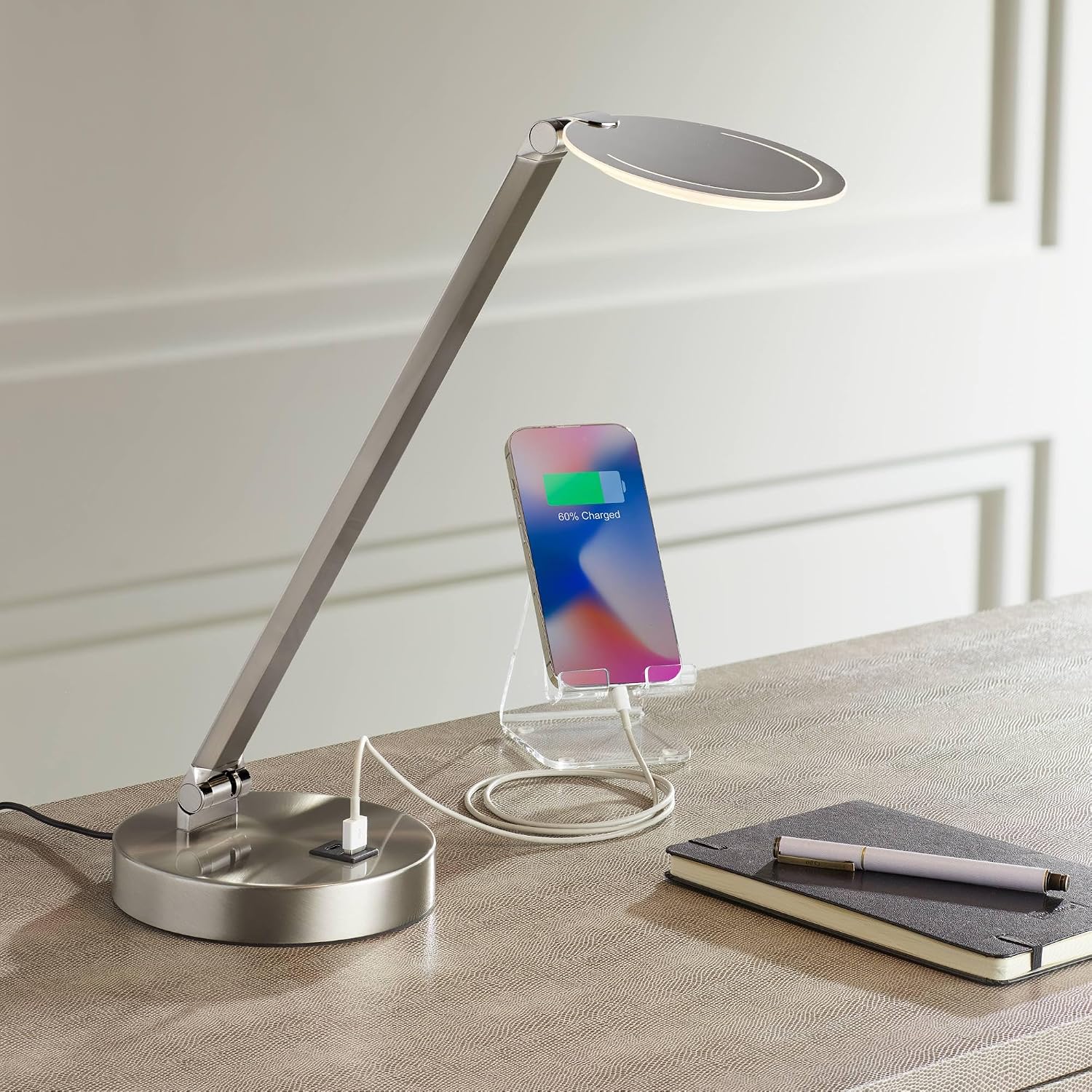 Possini Euro Design Kobie 21 3/4' High Single Modern Metal Desk Lamp Adjustable Height LED USB Port Silver Nickel Finish Family Office Living Room Charging Bedroom Bedside Nightstand House